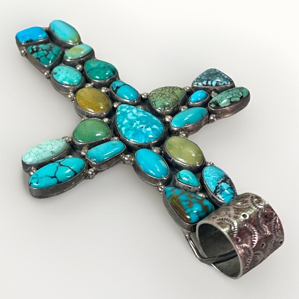 VTG Zuni Turquoise Cluster Sterling Silver Cross Pendant by B Bowekaty 73.4g - Picture 4 of 14
